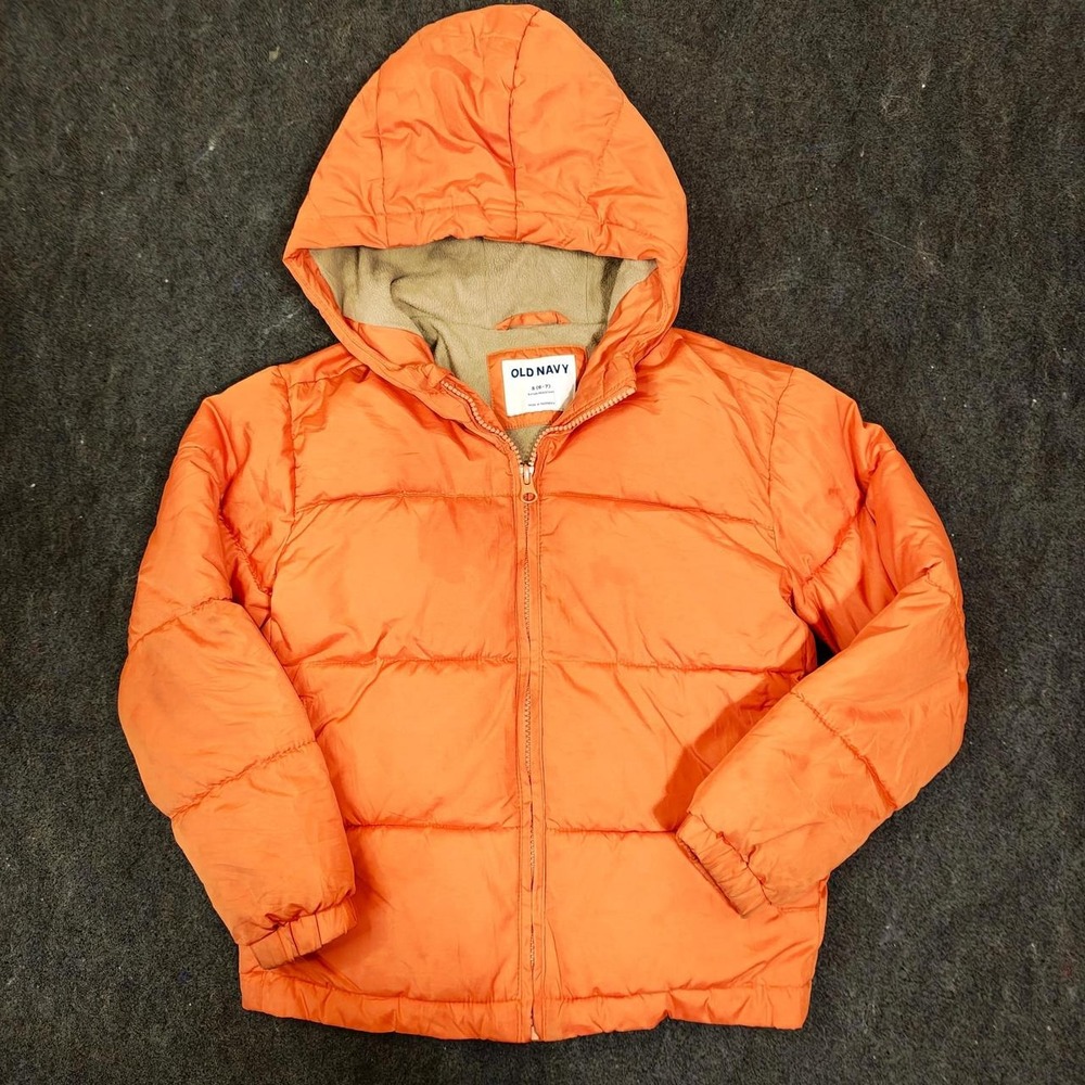 Old Navy Orange Puffer Jacket Hooded Water Resistant Quilted Coat Kids Small